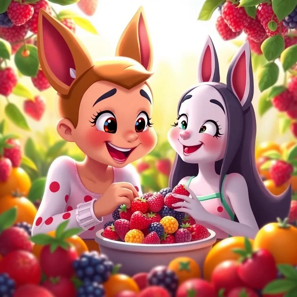 Tina happily eating juicy berries with Bella, surrounded by colorful fruits, sunlight shining, digital art, warm colors, playful vibe, high quality