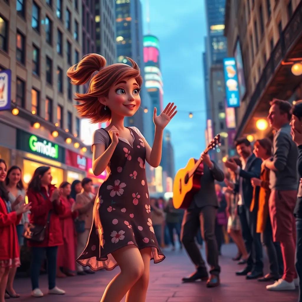Tina dancing to lively music from a busker in the city, people clapping and smiling, colorful lights, digital art, uplifting atmosphere, high quality