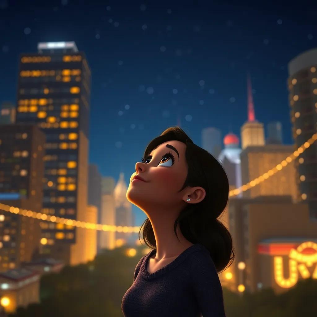Nighttime cityscape with twinkling lights, Tina looking up in awe, a comforting glow around her, digital art, warm colors, serene emotion, high quality