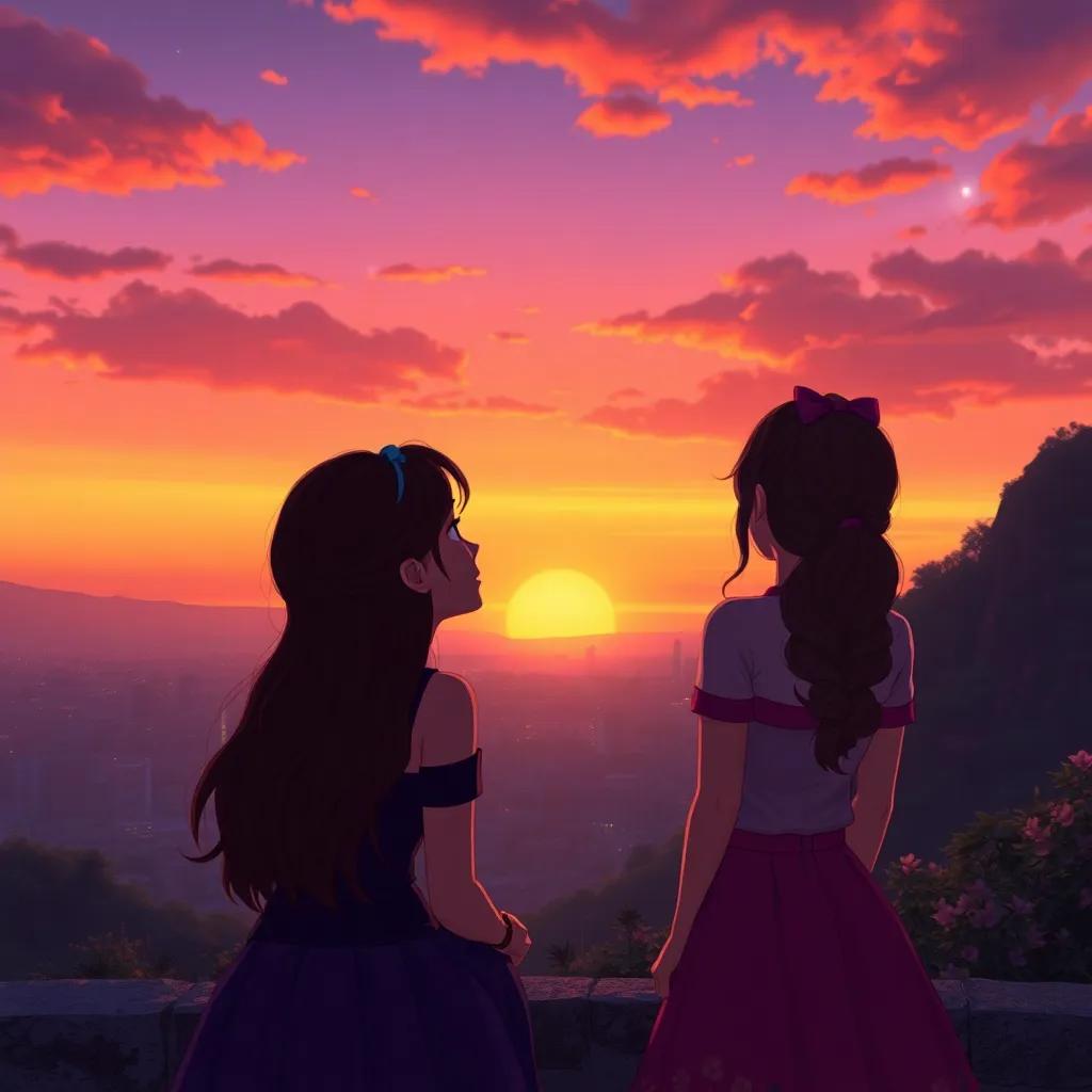 Tina and Bella watching a beautiful sunset over the city, sky painted in orange and purple, peaceful moment, digital art, dreamy vibe, high quality