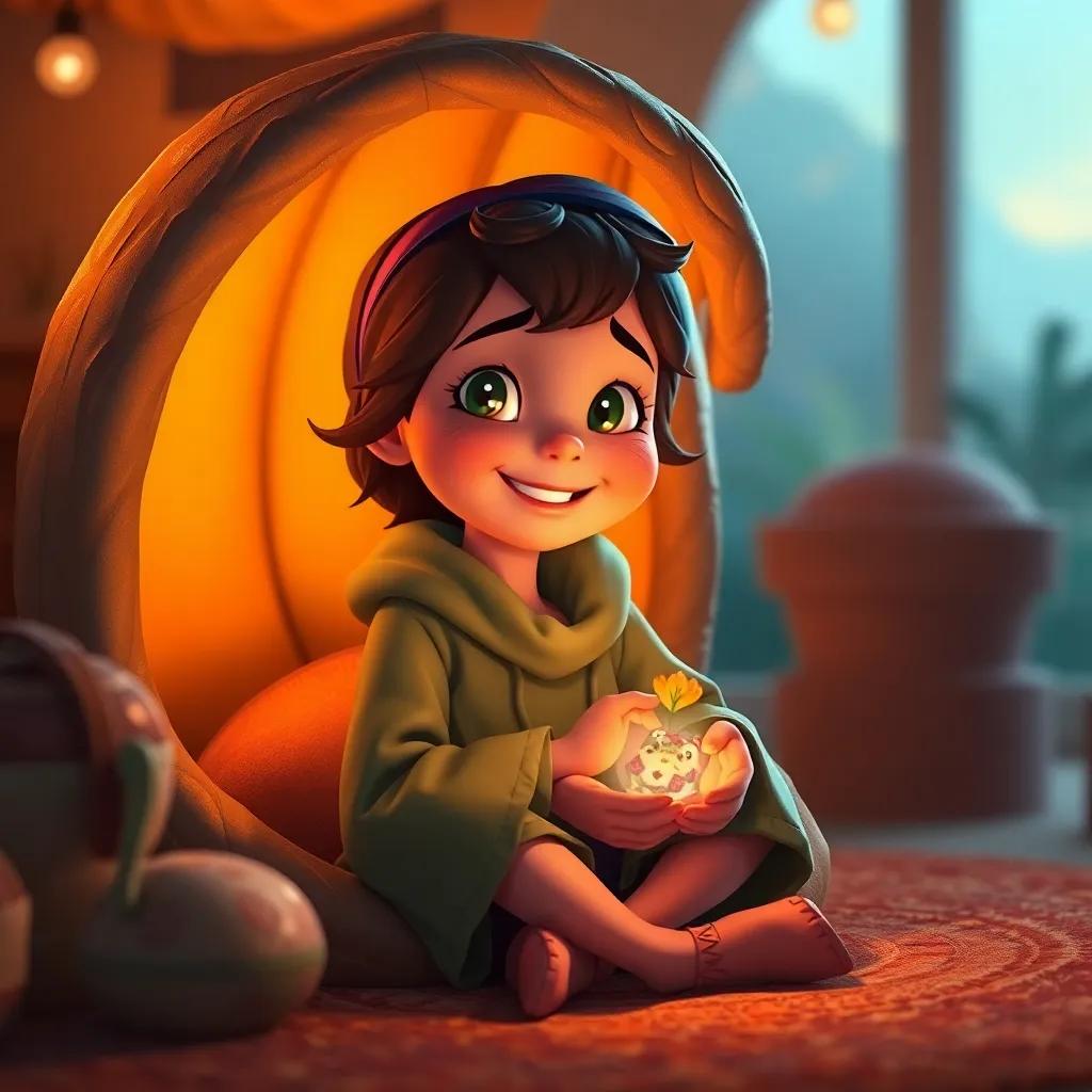 Tina feeling grateful at home after a busy adventure, cozy shell lit by soft light, holding her happy memories, digital art, warm colors, reflective mood, high quality