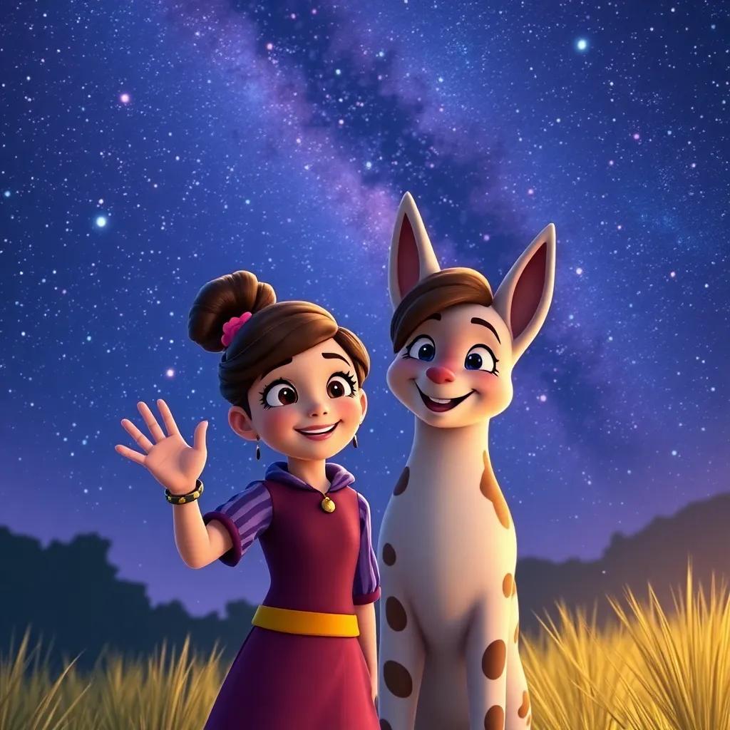 Tina waving goodbye to Bella under the starry night sky, both smiling, ready for more adventures, digital art, magical ambiance, high quality