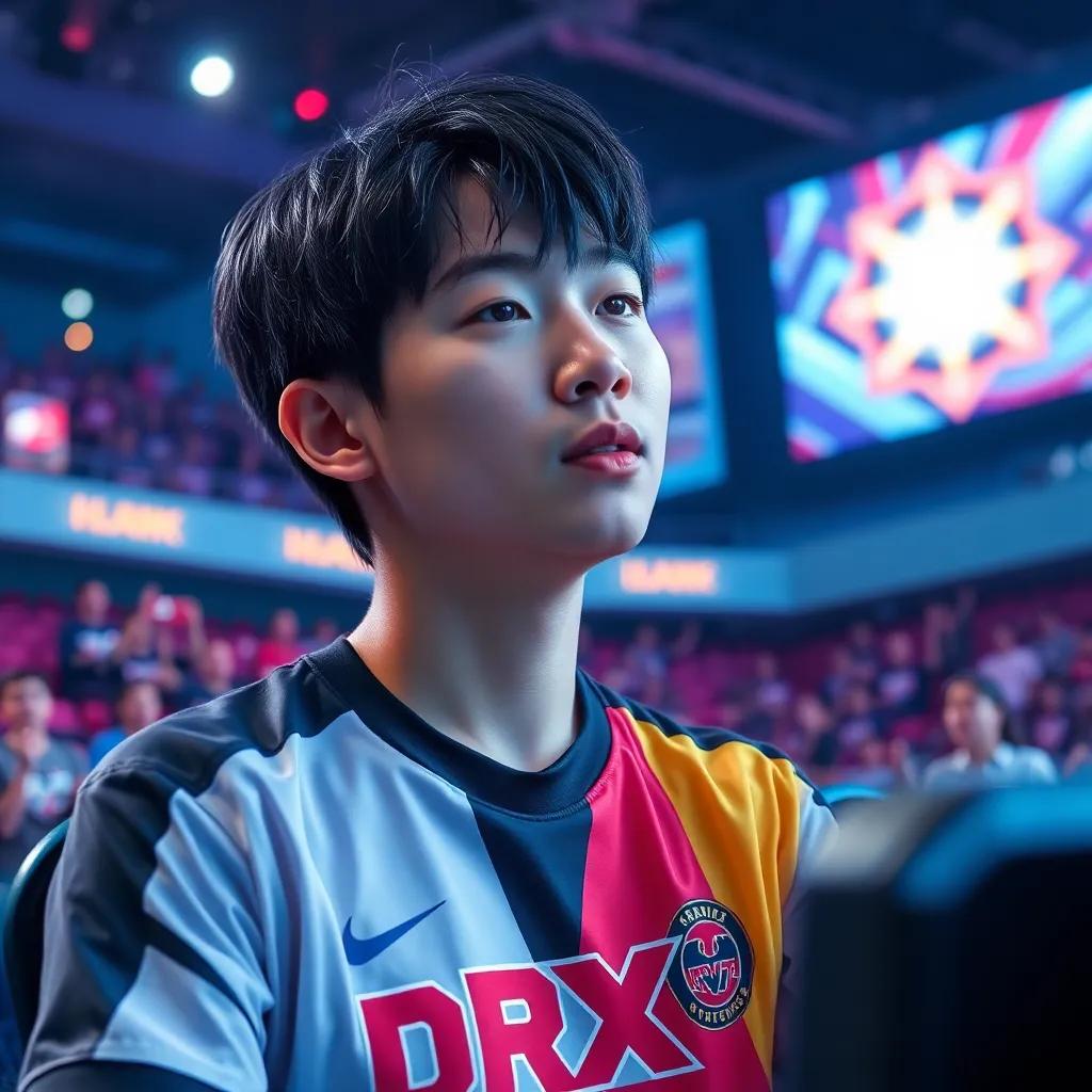 A young man, Kim Kwanghee, with short black hair, wearing a DRX jersey, in a gaming arena with bright lights and cheering fans, focused on his game with determination, digital art, vibrant colors, dynamic atmosphere, high quality