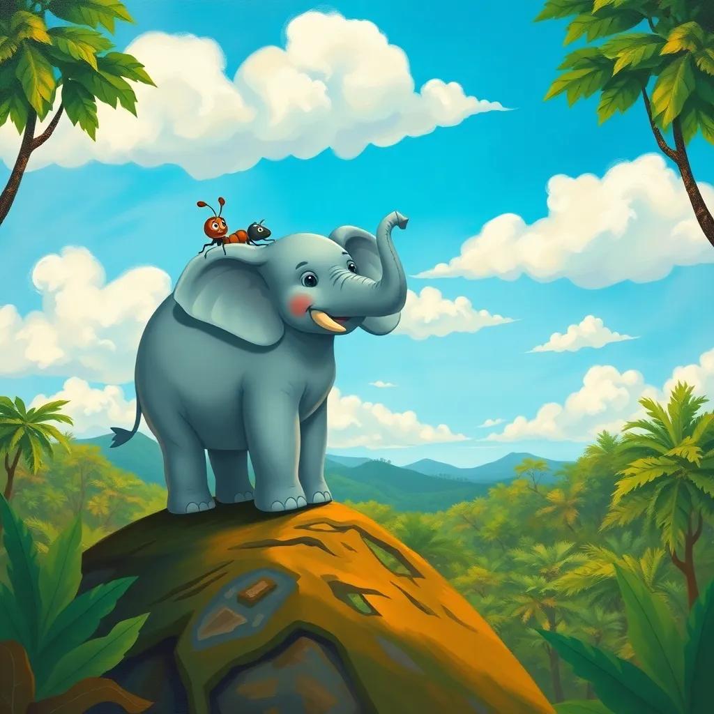 Ellie, the kind elephant, standing proudly with Andy the ant on her back, high on a big hill, overlooking the jungle below, with bright blue skies and fluffy white clouds, joyful scene, colorful, adventure vibe, illustration, uplifting quality, child-friendly