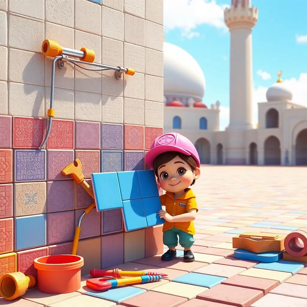 Lila, a tiny construction worker with a pink cap, gluing a blue tile on the mosque wall, surrounded by colorful tiles and tools, sunny day, colorful and playful, cheerful scene, vibrant colors, digital painting, inviting atmosphere.