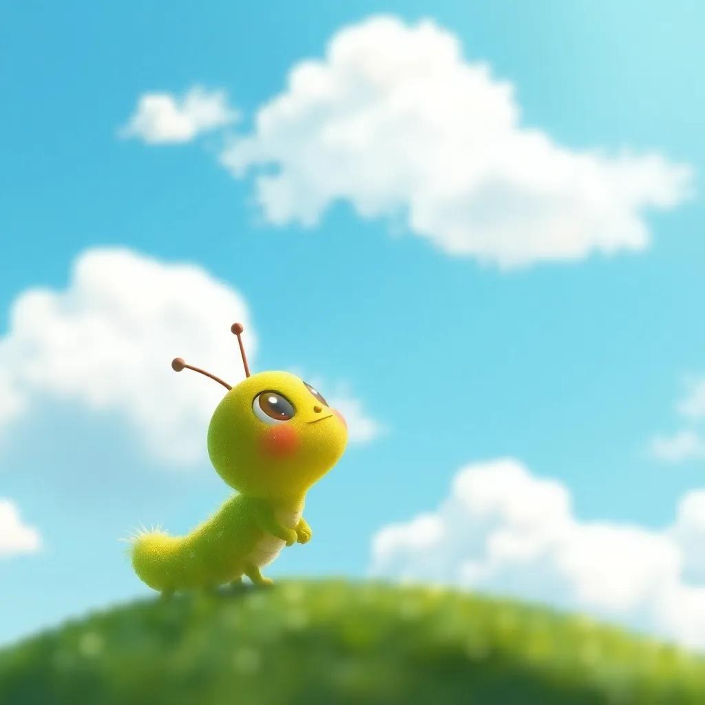 A tiny magical caterpillar, Tiny, with a bright green body and little sparkles, looking up at the clear blue sky filled with fluffy white clouds, digital art, cheerful atmosphere, bright colors, high quality