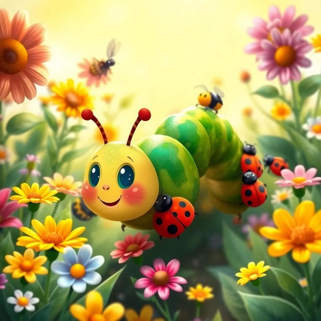 Tiny the magical caterpillar, crawling through a colorful garden with Benny the Beetle, Sammy the Spider, and Lily the Ladybug, surrounded by vibrant flowers, sunny day, friendly, detailed illustration, child-friendly