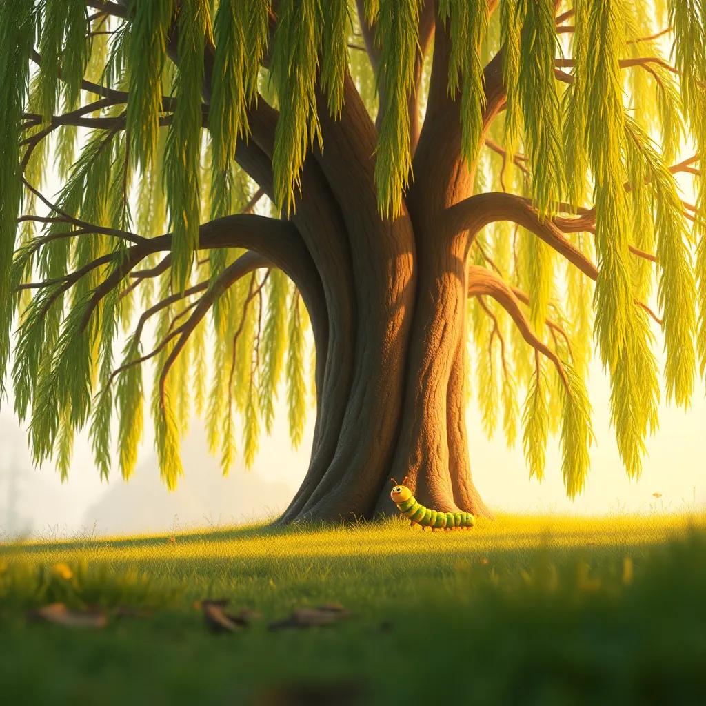 Tiny the caterpillar, determined, marching towards a tall Great Willow Tree with swaying branches, the tree is ancient and wise, glowing light filtered through its leaves, warm colors, enchanting setting, high quality
