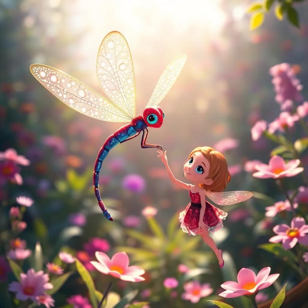 Dazzle the dragonfly sparkling in the sunlight, with shimmering wings, hovering near Tiny as she shares her dream of flying, beautiful garden background, vibrant and cheerful, digital painting, inviting atmosphere
