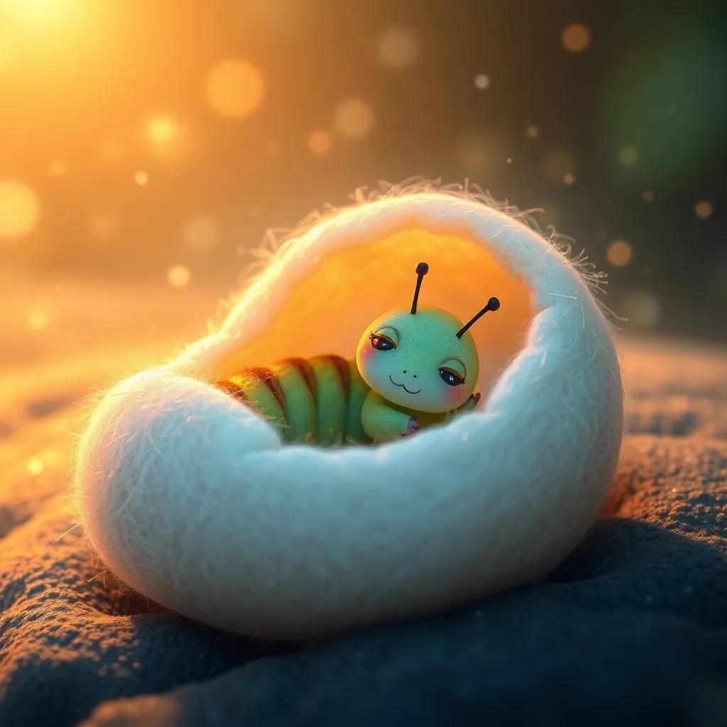 Tiny the caterpillar inside her soft cocoon, peaceful and cozy, the surrounding is filled with magical sparkles, ethereal glow, calmness, serene setting, detailed digital art, high quality