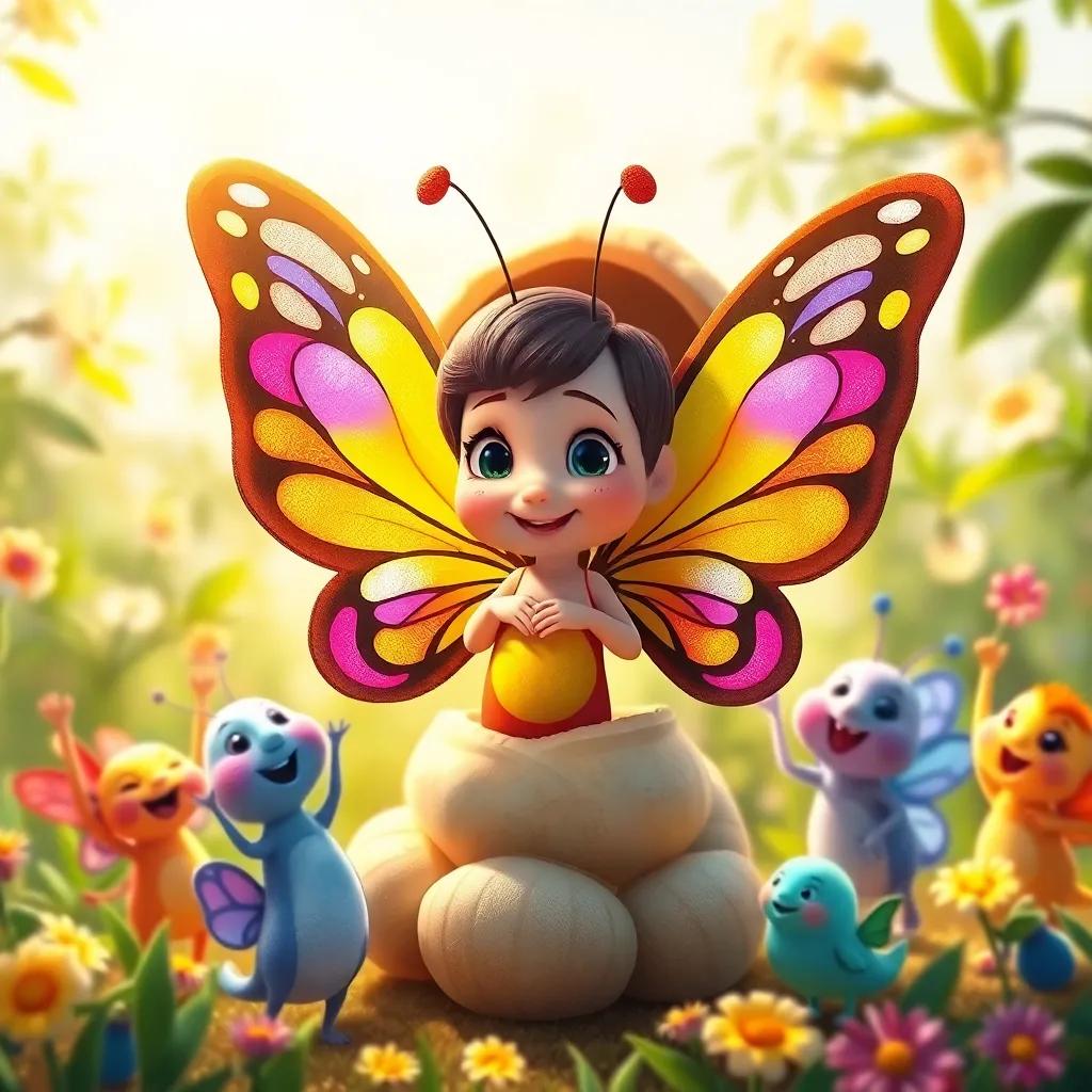 Tiny the butterfly, emerging from her cocoon, with dazzling wings of all colors, surrounded by her friends who are cheering, sunny day, joyful celebration, bright colors, uplifting atmosphere, child-friendly