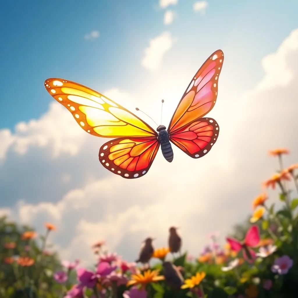 Tiny the butterfly soaring in the sky, her wings shining brightly in the sunlight, with her friends watching from below, garden in the background, beautiful and expansive sky, sense of freedom, vibrant colors, high quality