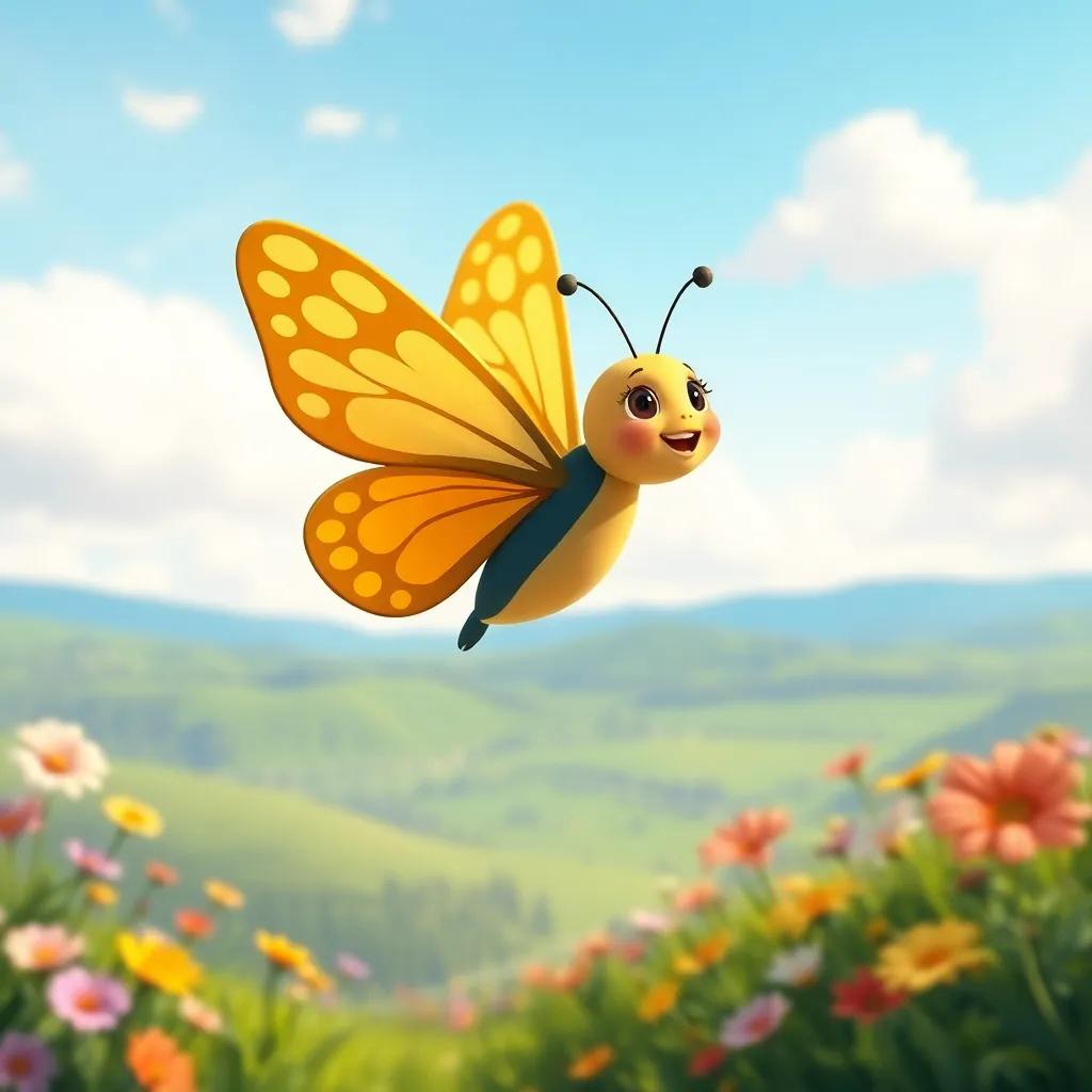 Tiny the butterfly dancing in the sky, feeling the breeze, with a backdrop of colorful flowers and green landscape below her, happiness and joy in the air, dynamic perspective, colorful and cheerful, digital art, child-friendly