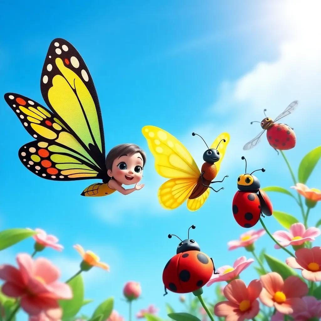 Tiny the butterfly flying alongside her friends, the dragonfly Dazzle, and the ladybug Lily, exploring the beauty of the garden together, bright blue sky above, joyful adventure, vibrant colors, highly detailed