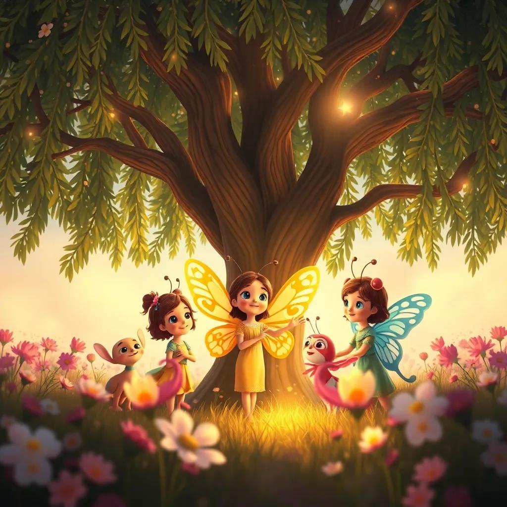 Tiny the butterfly with her friends celebrating her dream come true, gathered under the Great Willow Tree, with glowing light, surrounded by flowers, magic in the air, warm colors, heartwarming scene, digital art, high quality