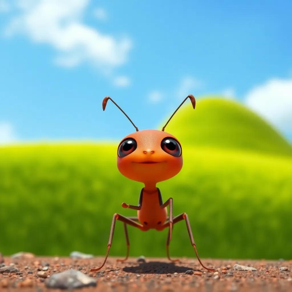 A tiny ant named Tiny with wide eyes and a determined expression, looking up at a big green hill under a bright blue sky, vibrant colors, cheerful, inviting