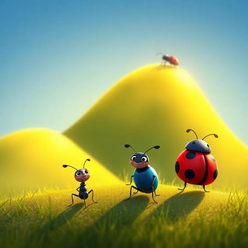 Tiny, a small ant, with his friends Benny the beetle (a shiny blue beetle) and Lila the ladybug (red with black spots), standing at the base of the hill, eager for their adventure, child-friendly illustration, warm light, colorful