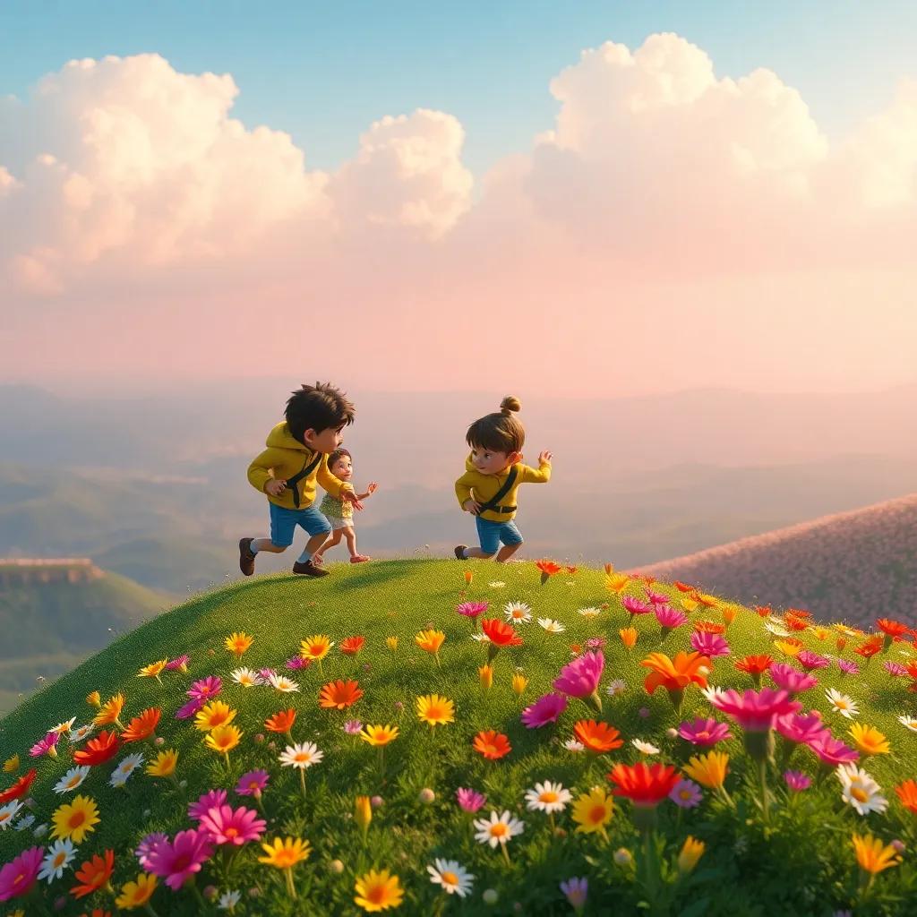 Tiny and friends climbing the hill, spotting the field of colorful flowers below, bright and cheerful, exploration theme, high angle, joyful expression