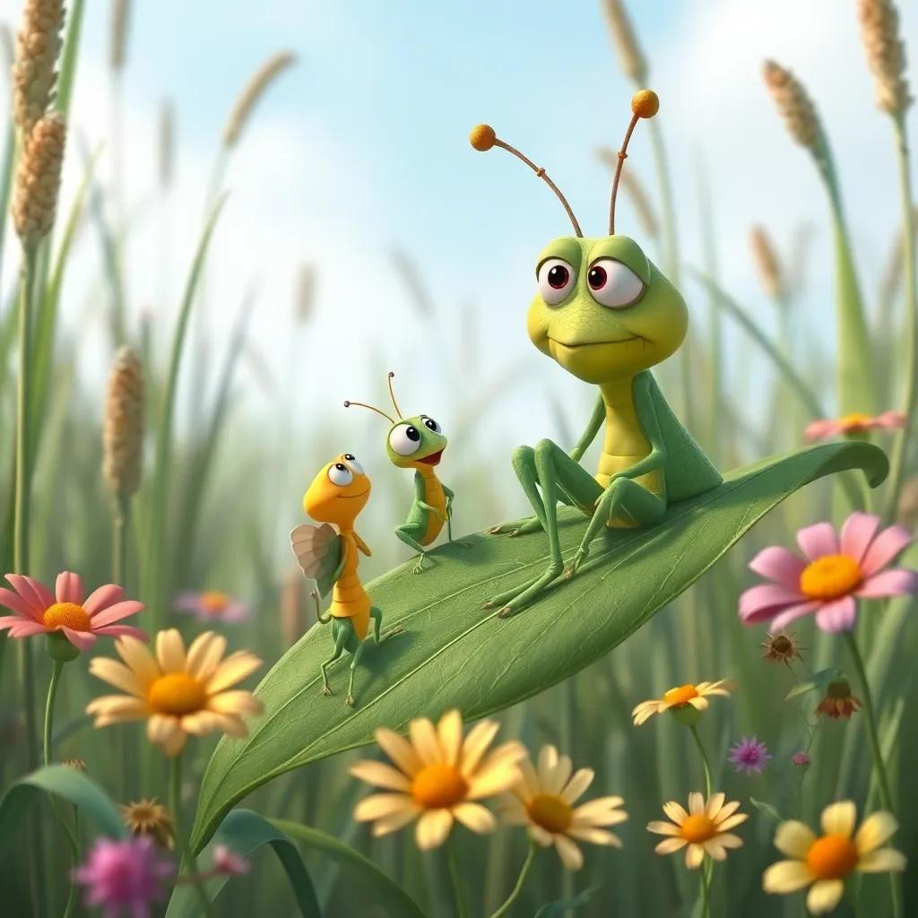 The wise old grasshopper on a green leaf, looking kindly at Tiny and his friends, surrounded by tall grass and wildflowers, nurturing atmosphere, digital art