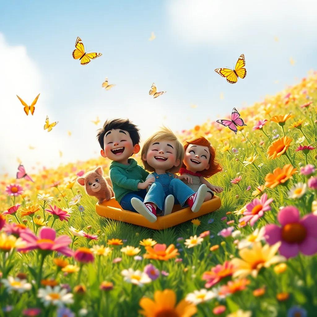 Tiny and his friends sliding down the hill into a vibrant field of flowers, with butterflies fluttering around, joyful, colorful, lively atmosphere, bright light