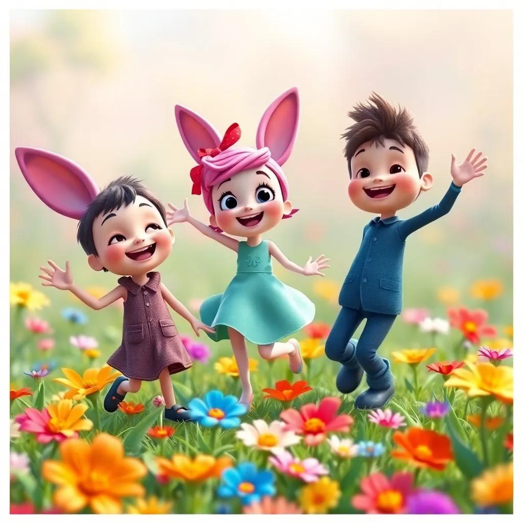 Tiny, Lila, and Benny happily exploring the flower field, dancing and twirling, bright flowers in various colors, happy expressions, cheerful vibe