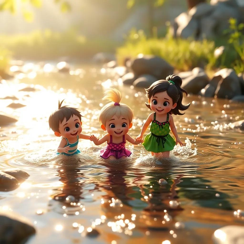 Tiny and friends discovering the sparkling stream, together splashing in the water, with sunlight reflecting on the surface, joyful and vibrant scene