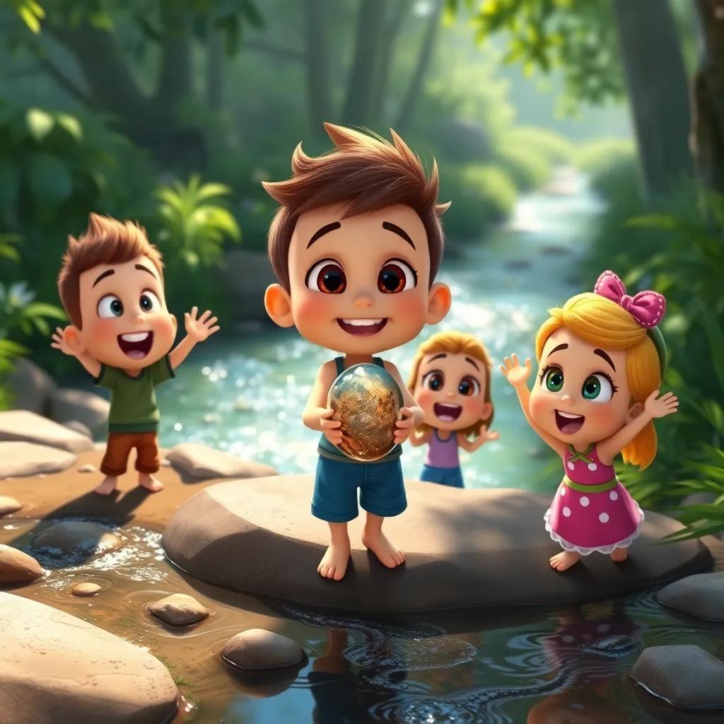 Tiny holding a shiny pebble, while Benny and Lila cheer in excitement, near the sparkling stream surrounded by lush greenery, treasure discovery theme