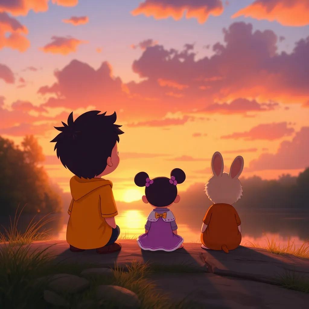 Tiny, Lila, and Benny watching the sunset from the riverbank, with the sky painted in oranges and purples, warm and serene atmosphere, cozy and heartwarming