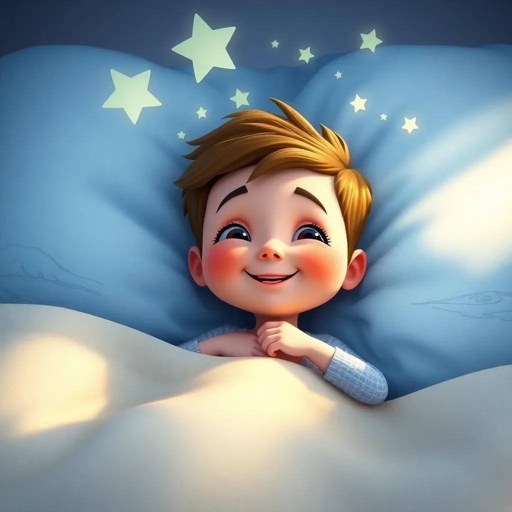Tiny lying in bed, dreaming of adventures, with a happy smile, surrounded by drawings of flowers and hills, soft light, comforting scene