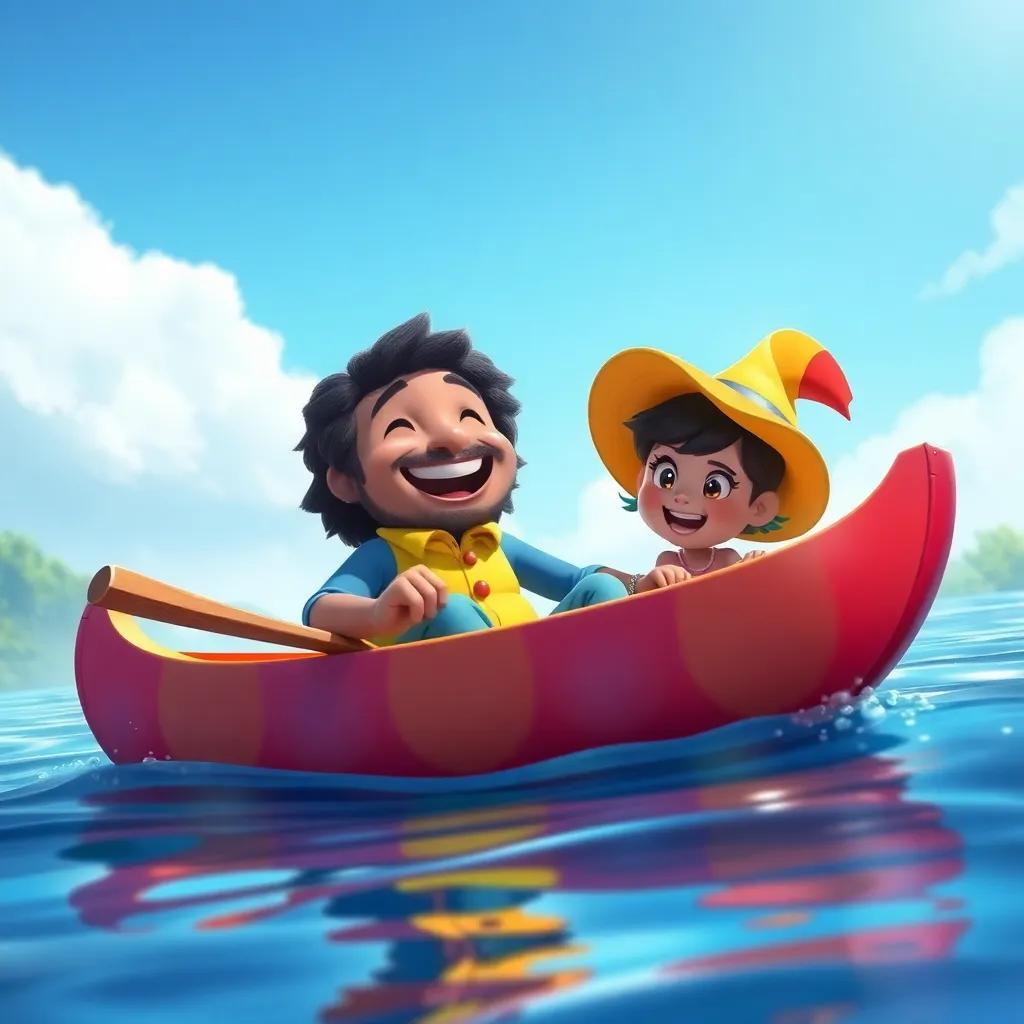 Tio Zé, um homem amigável, sorrindo, remando uma canoa colorida em um rio tranquilo, com crianças felizes ao redor, céu azul e brilhante, digital art, vibrant colors, joyful atmosphere, high quality