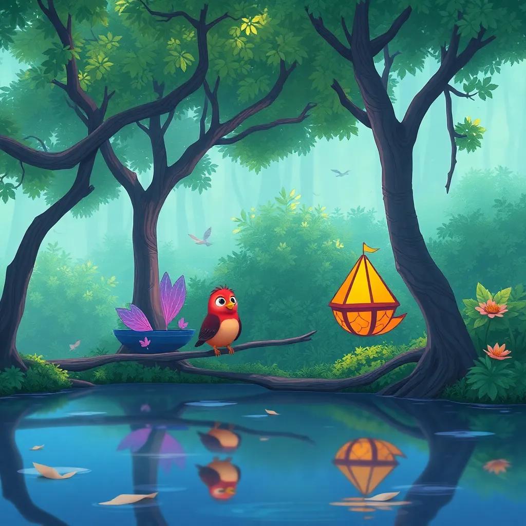 Pássaros canoros em árvores ao redor do rio, com penas coloridas e um fundo de folhagem verde, criando uma atmosfera musical e encantadora, illustration, colorful, calm atmosphere, high quality