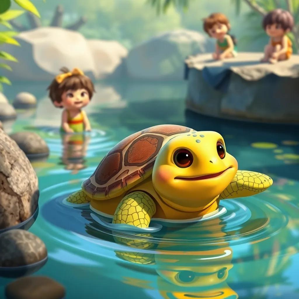 Uma tartaruga curiosa nadando ao lado da canoa, sorrindo enquanto as crianças a observam com alegria, em um ambiente natural e amigável, digital painting, friendly, vibrant scene, high quality