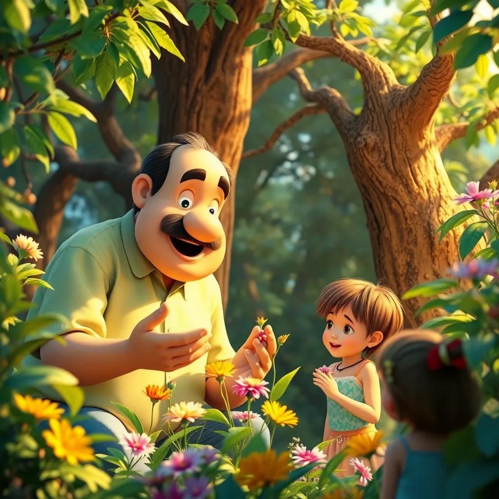 Tio Zé explicando sobre plantas e a natureza, mostrando folhas e flores às crianças, rodeados por árvores e flores silvestres, colorful, educational, warm light, high quality