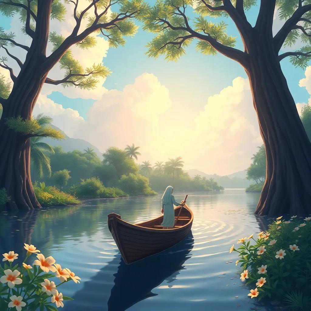 A canoa avançando no rio, com árvores grandes e flores por perto, com uma atmosfera pacífica e um céu azul, illustration, serene, detailed scenery, high quality