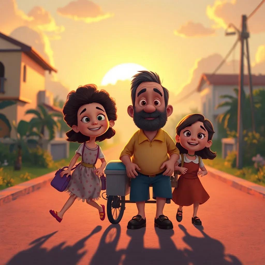 Tio Zé e as crianças voltando para casa, felizes e cheias de histórias, com o sol se pondo ao fundo, simbolizando um dia maravilhoso, warm colors, nostalgic, high quality