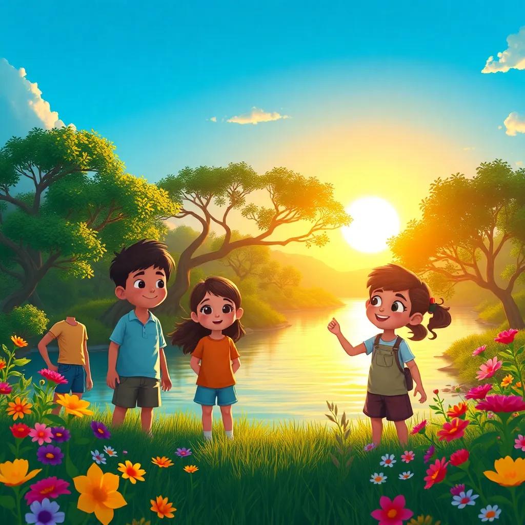Um grupo de crianças prometendo cuidar da natureza, diante de um lindo pôr do sol sobre o rio, cercados por árvores e flores, heartwarming, colorful, positive vibes, high quality