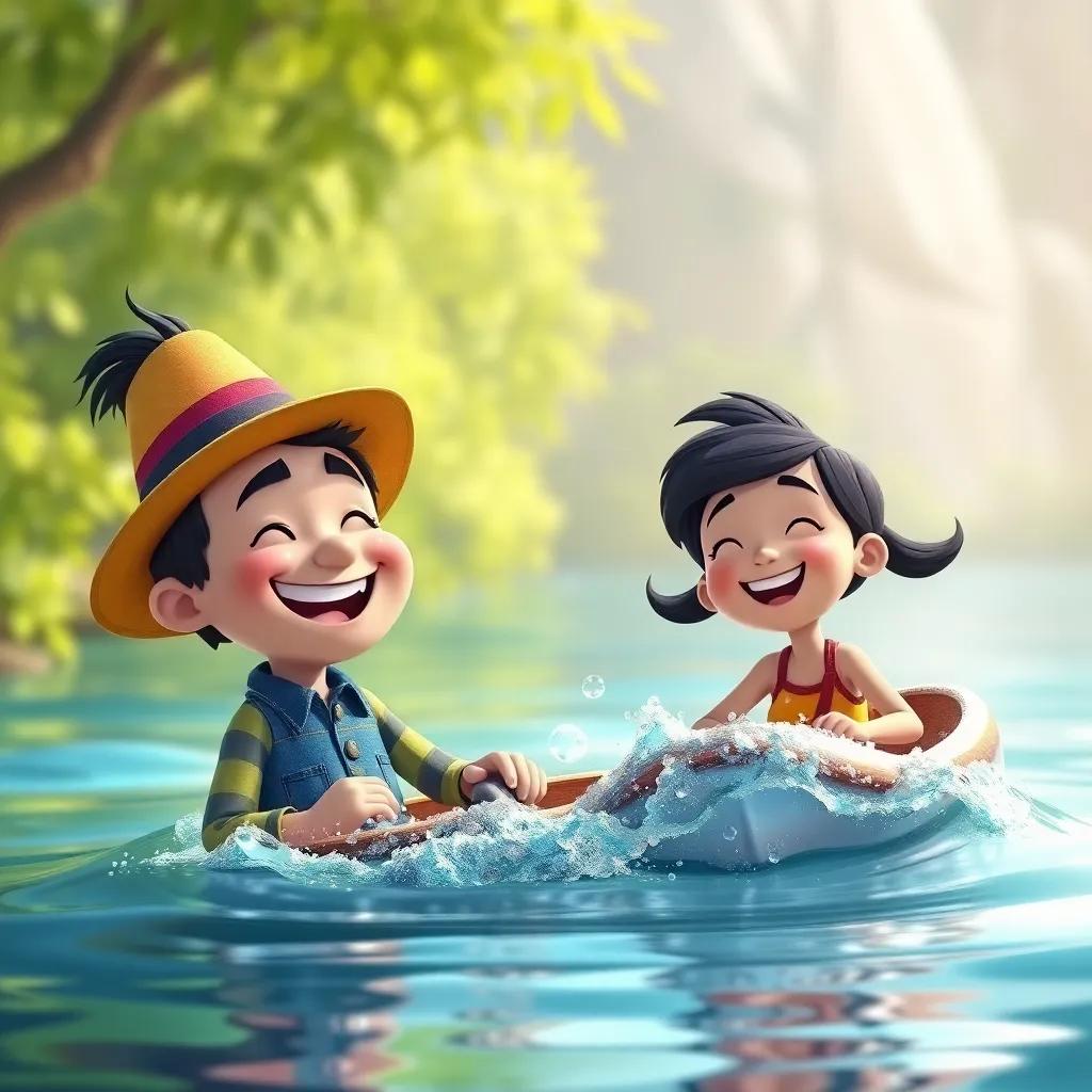 Tio Zé sorrindo enquanto as crianças riem e brincam, com lembranças da aventura na canoa, um ambiente positivo e acolhedor, illustration, cheerful, high quality