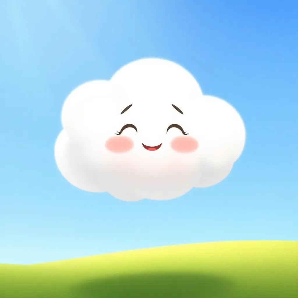 Titou is a small, fluffy white cloud, floating in a bright blue sky, looking happily at the green fields below, a friendly expression on his face, soft pastel colors, digital art, child-friendly