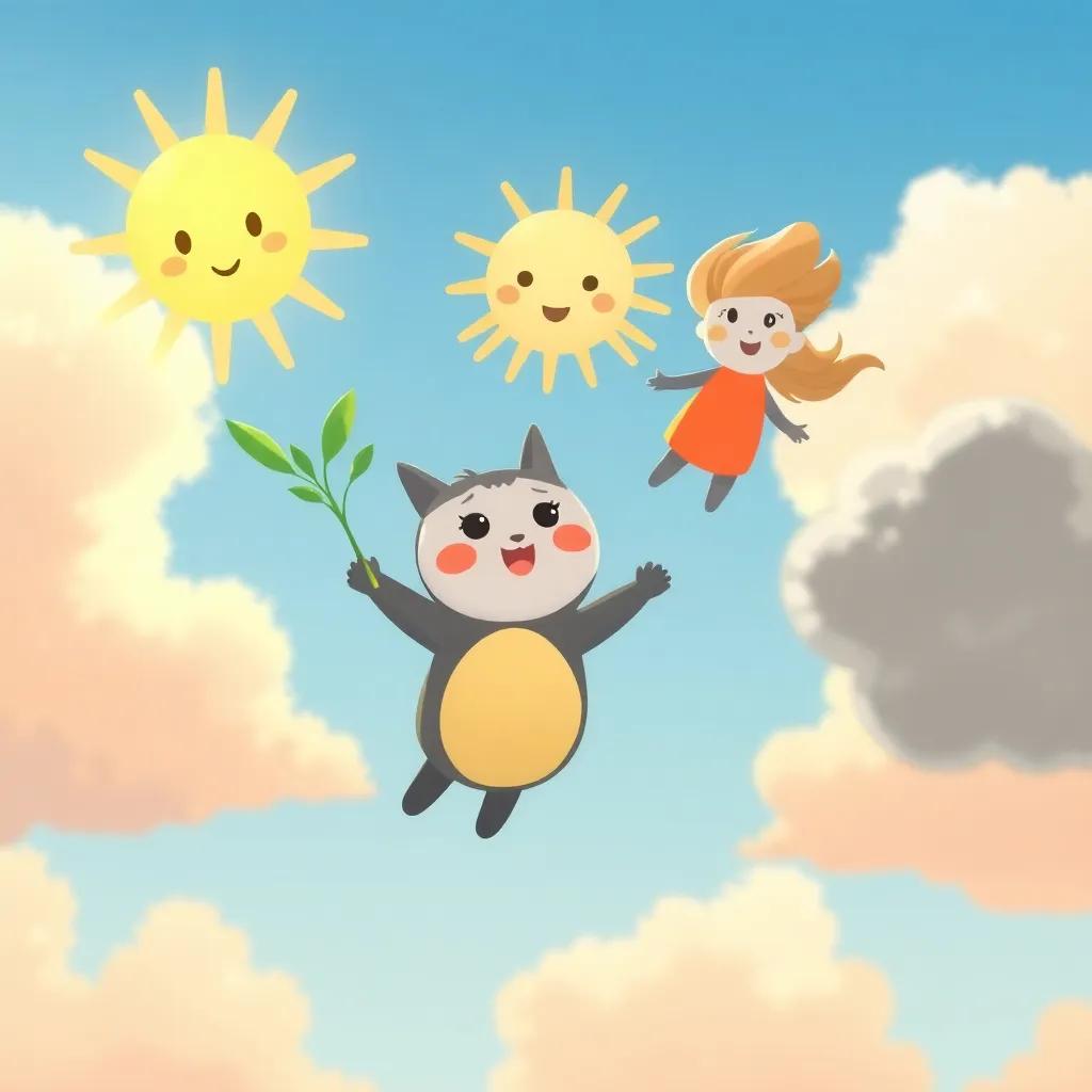 Titou is floating with Sunny the Sun, a glowing round face with rays of light, Windy the Wind with swirling leaves, and Grandmother Storm, a large gray cloud, all in a sunny sky, depicting friendship, warm colors, digital illustration