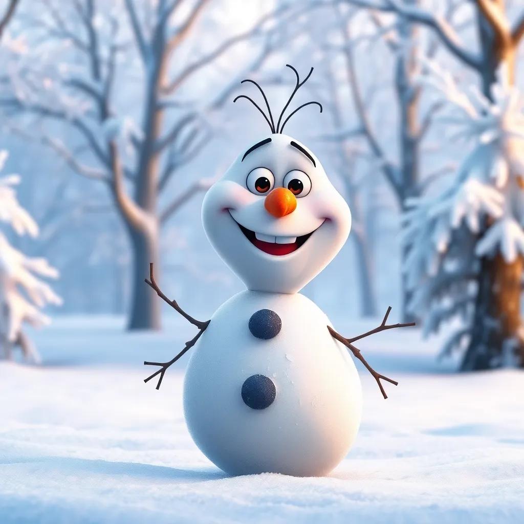 A little snowman named Toby, cheerful with a bright orange carrot nose and a big smile, standing in a snowy field with trees covered in frost, vivid colors, magical atmosphere, high quality