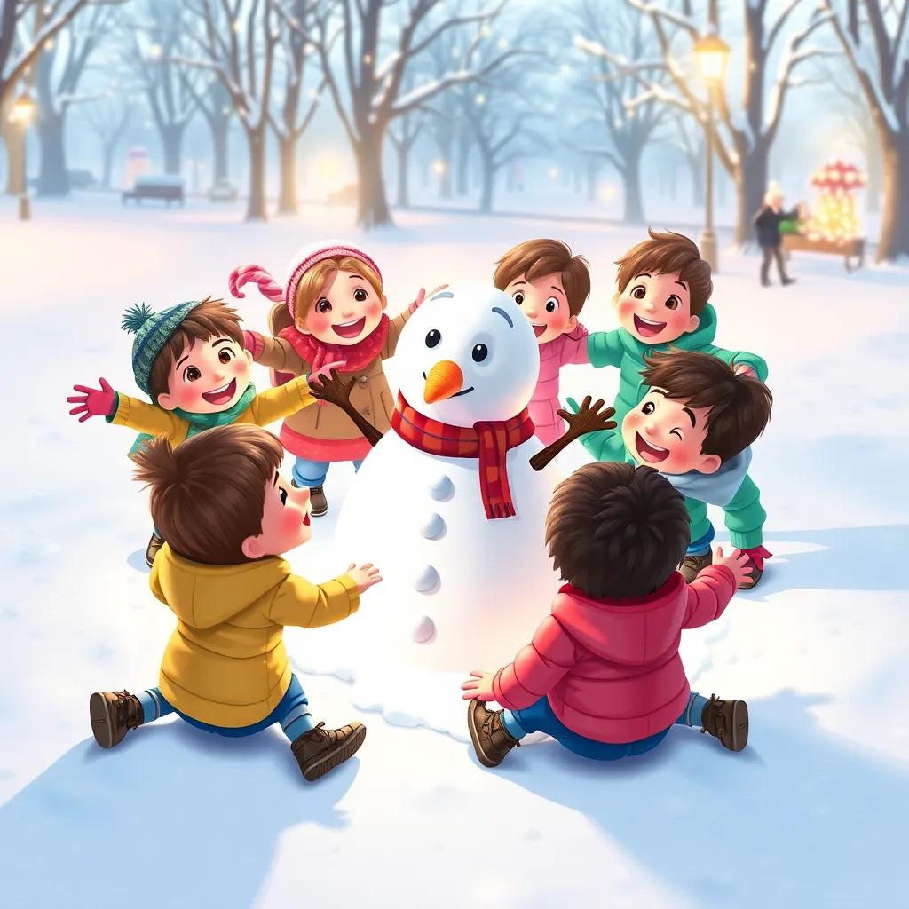 A group of children, rosy-cheeked and giggling, making snow angels around Toby the snowman, winter games in a park, vibrant and playful scene, cheerful light
