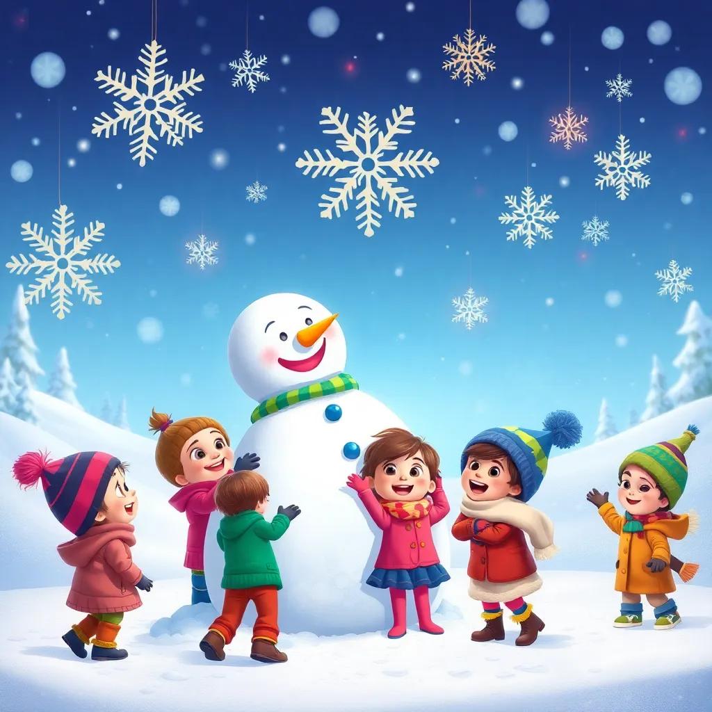 Toby and joyful children building a big snowman together, snowy landscape, ornate snowflakes falling from the sky, happy faces and a sense of wonder, lively and colorful