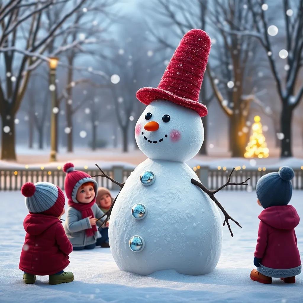 A beautifully crafted snowman with shiny buttons and a tall hat, sitting in the park with children around, soft gentle snowflakes falling, magical winter scene, high quality imagery
