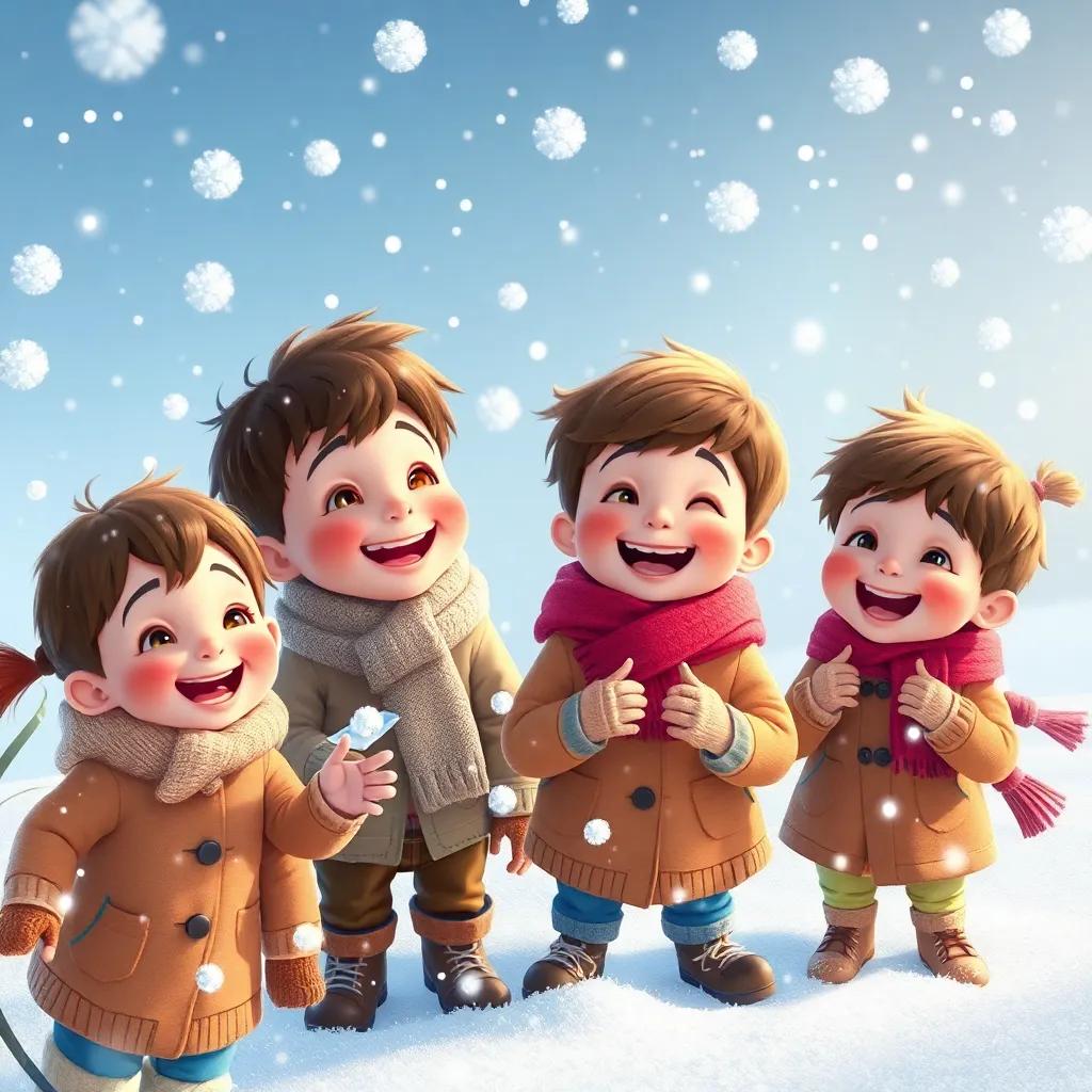 Children playing in swirling snowflakes, catching them on their tongues, laughter and excitement, winter wonderland atmosphere, warm and inviting