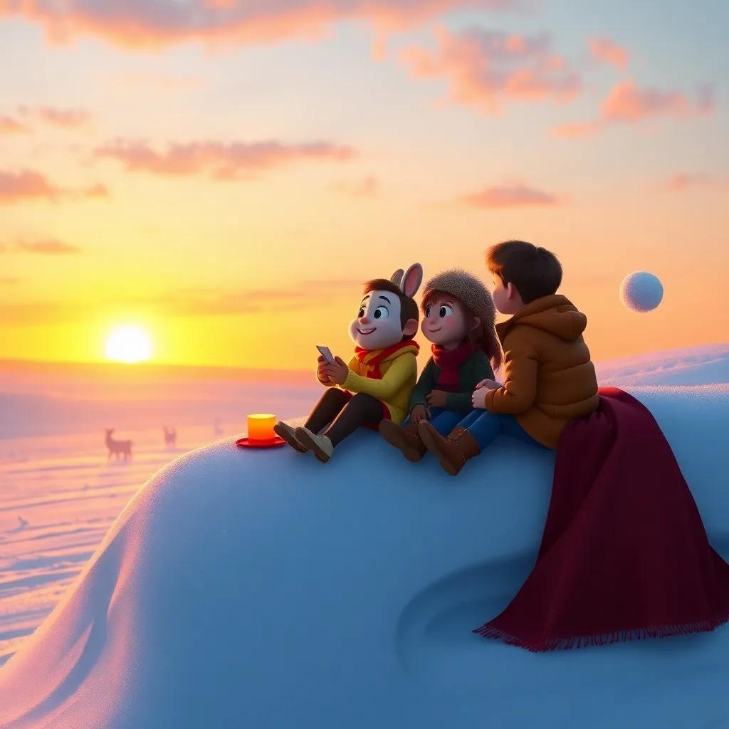 Toby and friends sitting on a big snowbank at sunset, admiring their creations, warmth in the chilly air, friendship and happiness in a glowing scene, heartwarming view
