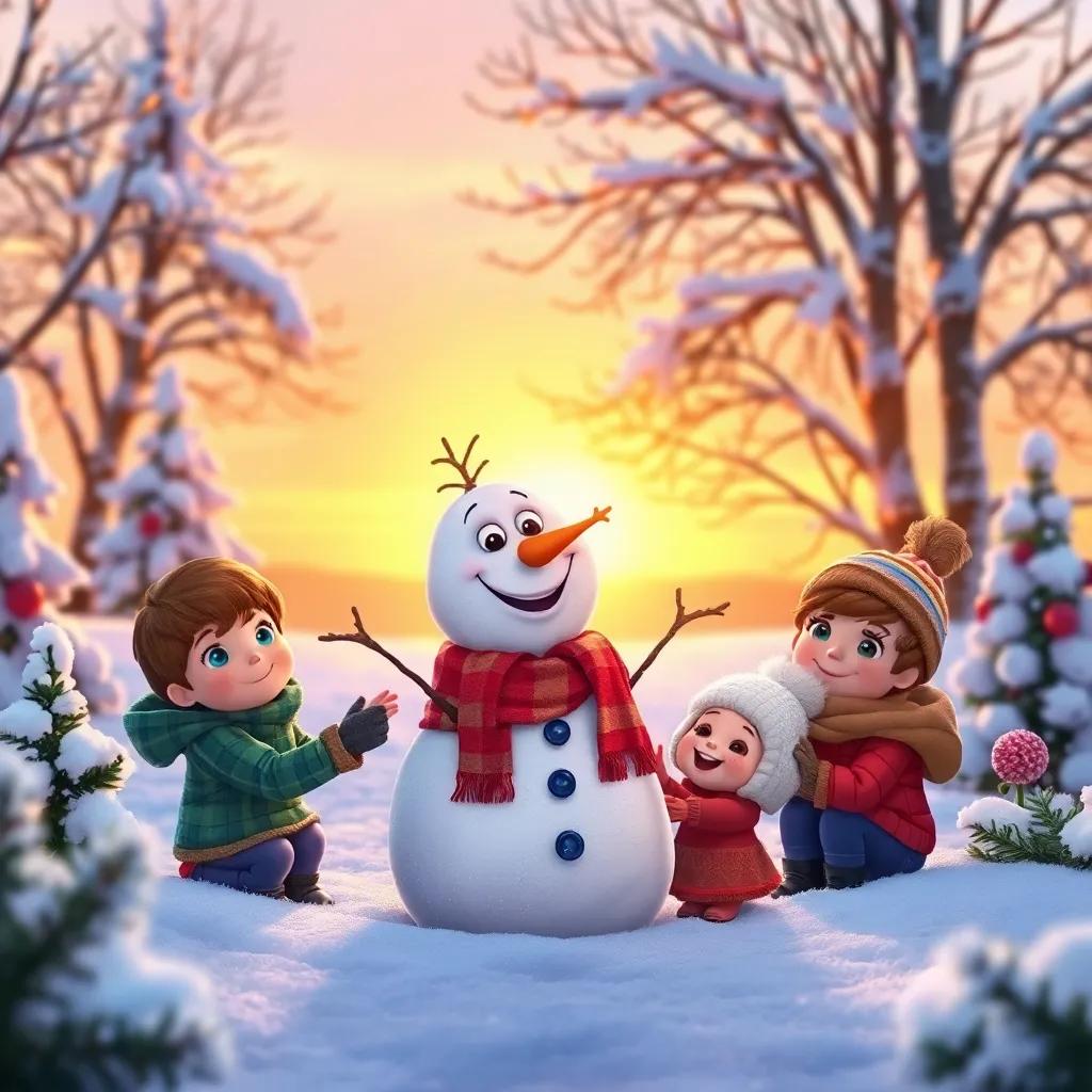 Toby, the little snowman with children, surrounded by beautiful winter decor, sun setting behind snowy trees, cozy feeling, capturing the magic of winter friendships