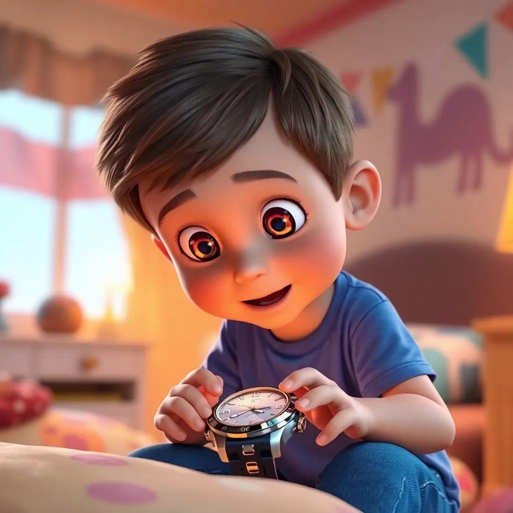 A curious young boy named Toby, with short brown hair wearing a blue t-shirt and jeans, looking excitedly at a shiny, magical watch under his bed, colorful bedroom, warm light, cheerful atmosphere, bright colors, digital art, high quality