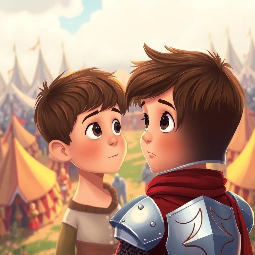 Toby, a young boy with short brown hair, watching a brave knight in shining armor, surrounded by a medieval battlefield with tents and soldiers, learning about courage, festive colors, vivid details, immersive view, illustration, child-friendly