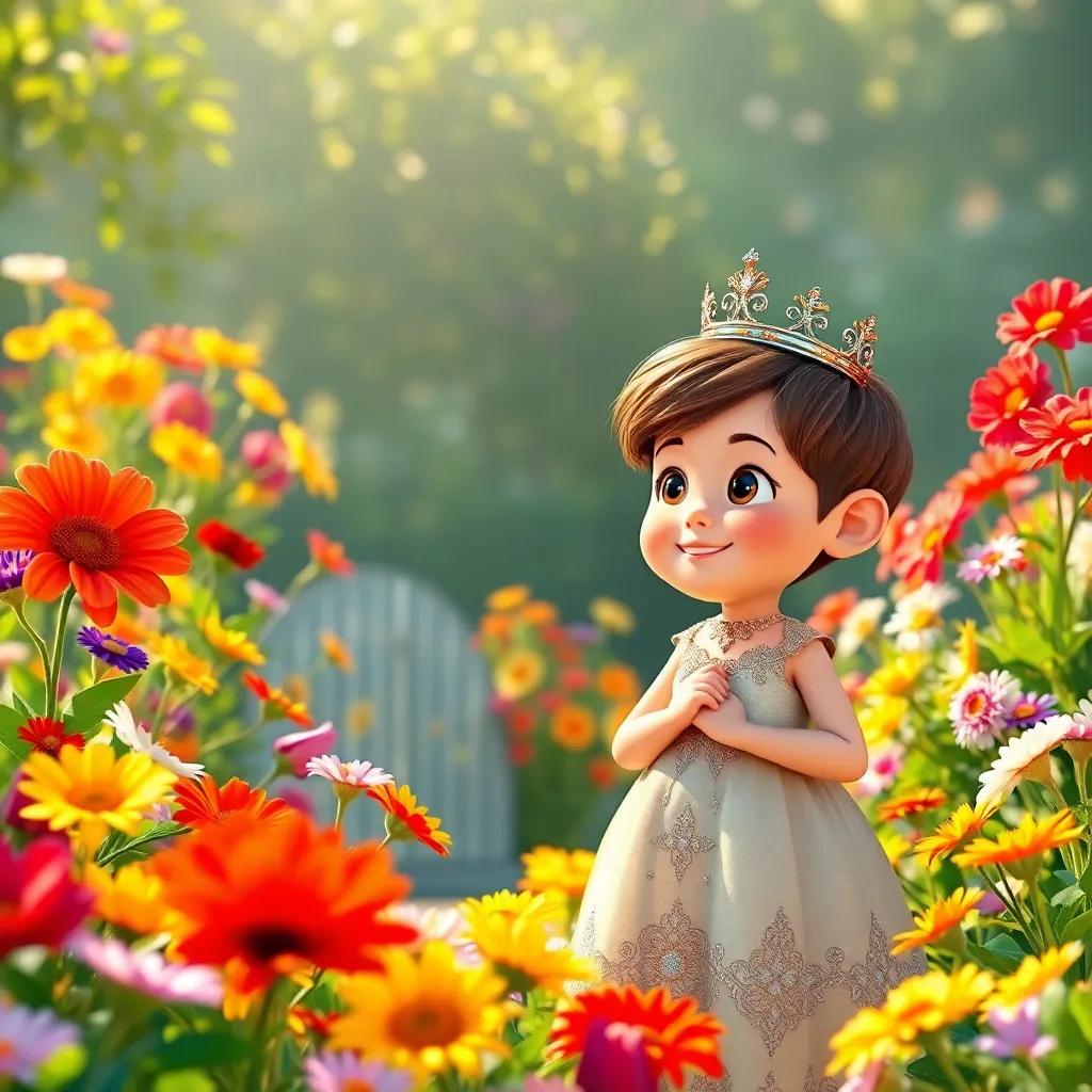 Toby, a young boy with short brown hair, standing in a vibrant flower garden with Queen Elizabeth, who is wearing a beautiful gown and crown, colorful flowers all around, talking about kindness, warm sunlight, cheerful, detailed and engaging image