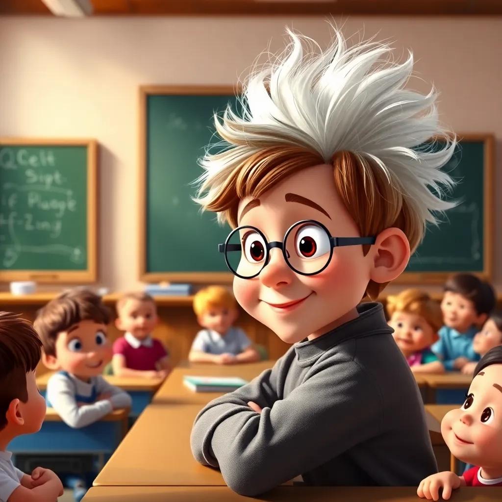 A young boy, Toby with short brown hair, sitting in a classroom with Albert Einstein, who has wild white hair and glasses, surrounded by chalkboards and children, learning about curiosity, bright colors, happy atmosphere, educational theme, digital painting, high quality